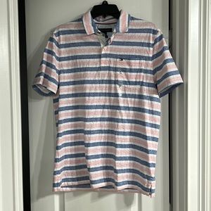 Men’s size medium, Tommy, Hilfiger, pink, and blue striped shirt